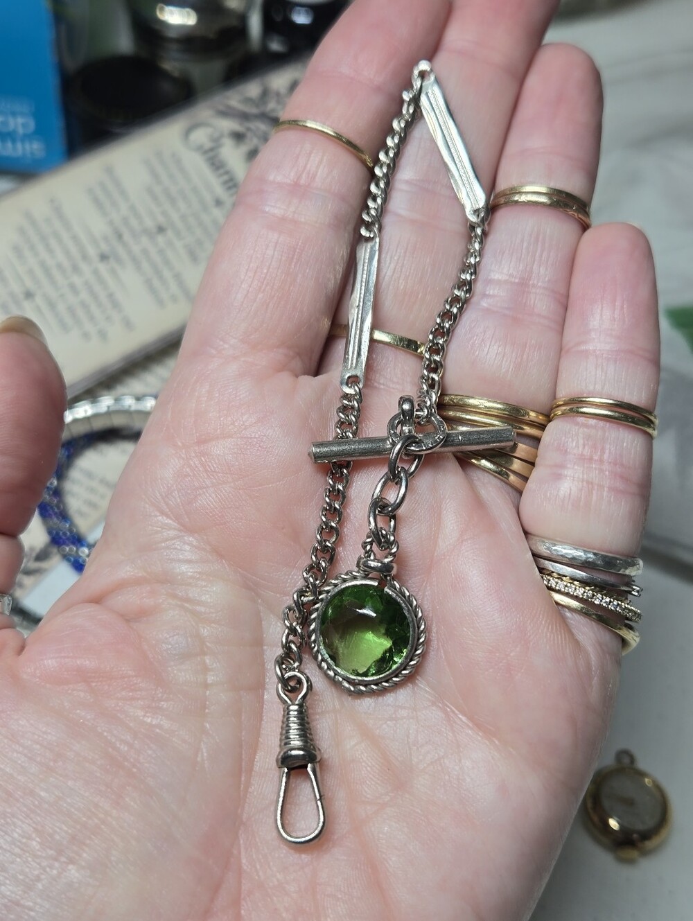 Vintage Silver-Tone Germany Green Glass Pendant Watch Chain